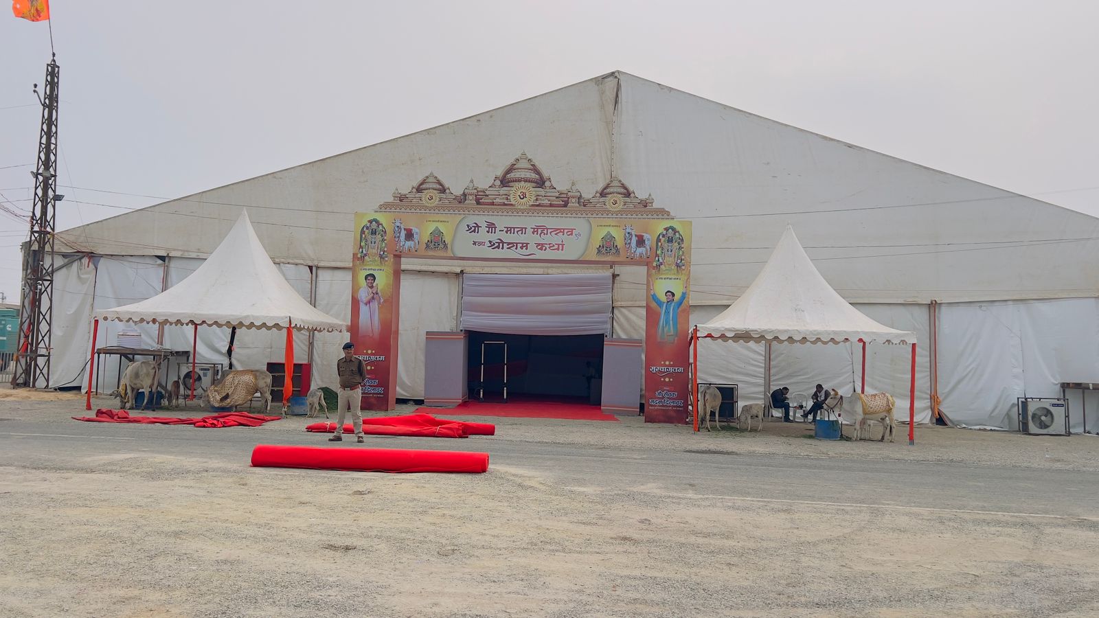 The top features an ornate temple shikhara (spire) design, while the main text prominently reads Shri Gau-Mata Mahotsav evam Bhavya Shrimad Ram Katha